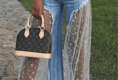 FREE SHIPPING Sexy Women Wide Leg Pants Sheer Mesh Star Print Splice Denim Pants High Waist Casual Loose Pants Jeans Fashion Party Trousers JKP2915