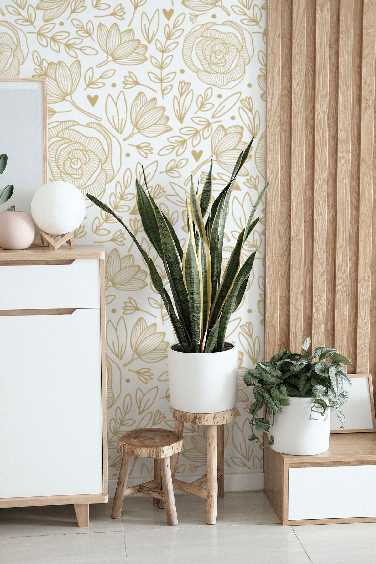 This is a special print because it straddles the lines of floral and neutral texture so perfectly. While this is undeniably a floral pattern, it's not too girly, too splashy, too bold — all because of the beautiful golden color that softens the look and brings it into more subtle territory. We love it for bedrooms, office nooks, or even children's rooms. Larger flowers are approximately 11 inches x 11 inches. Why get a reduced-scale sample?✔ Gain confidence using the material✔ See the colors in person✔ Test the peel & stick material on your
