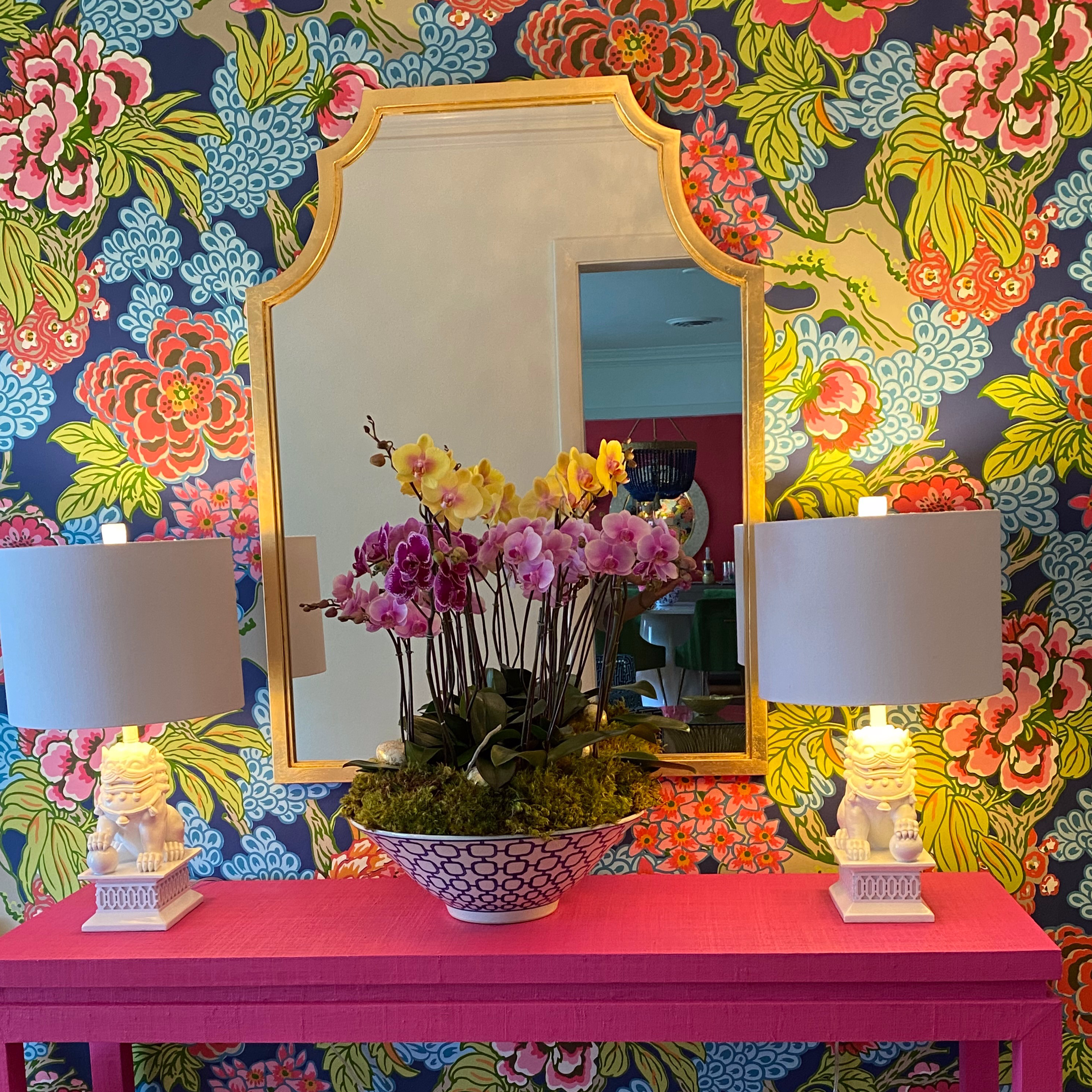 This lovely floral is sure to make a big statement. Priced by the single roll $112 but is only sold by manufacturer in by the double roll. This wallpaper is available in matching fabric Wallpaper is not stocked in store, and we work with the manufacturer to fulfill your order. Please not that the timeline can be tricky- let us know of any time constraints so we can work with you to make your project perfect! Content 60% Linen, 30% Cot, 10% Nylon Width 54.00