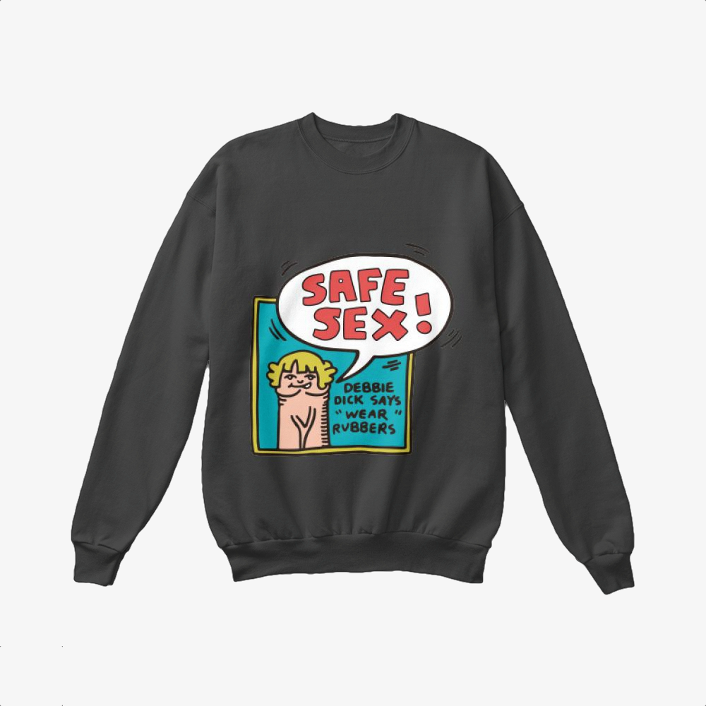 The Safe Sex Crewneck Sweater is from our new collection, a personalized round-neckline pullover jumper that keeps you warm with graphics featuring safe sex from keith haring. ssssplitter  Cartoon design text: SAFE SEX! DEBBIE DICK SAYS WEAR RVBBERS , SAFE, SEX!, DEBBIE, DICK, SAYS, WEAR, RVBBERS, key design elements: Cartoon, Font, Art, Illustration, Fictional character, Graphics, Publication, Drawing, Comic book, Animation, relevant keywords: , Clip art, , Cartoon, Product, Art, Brand, Poster,