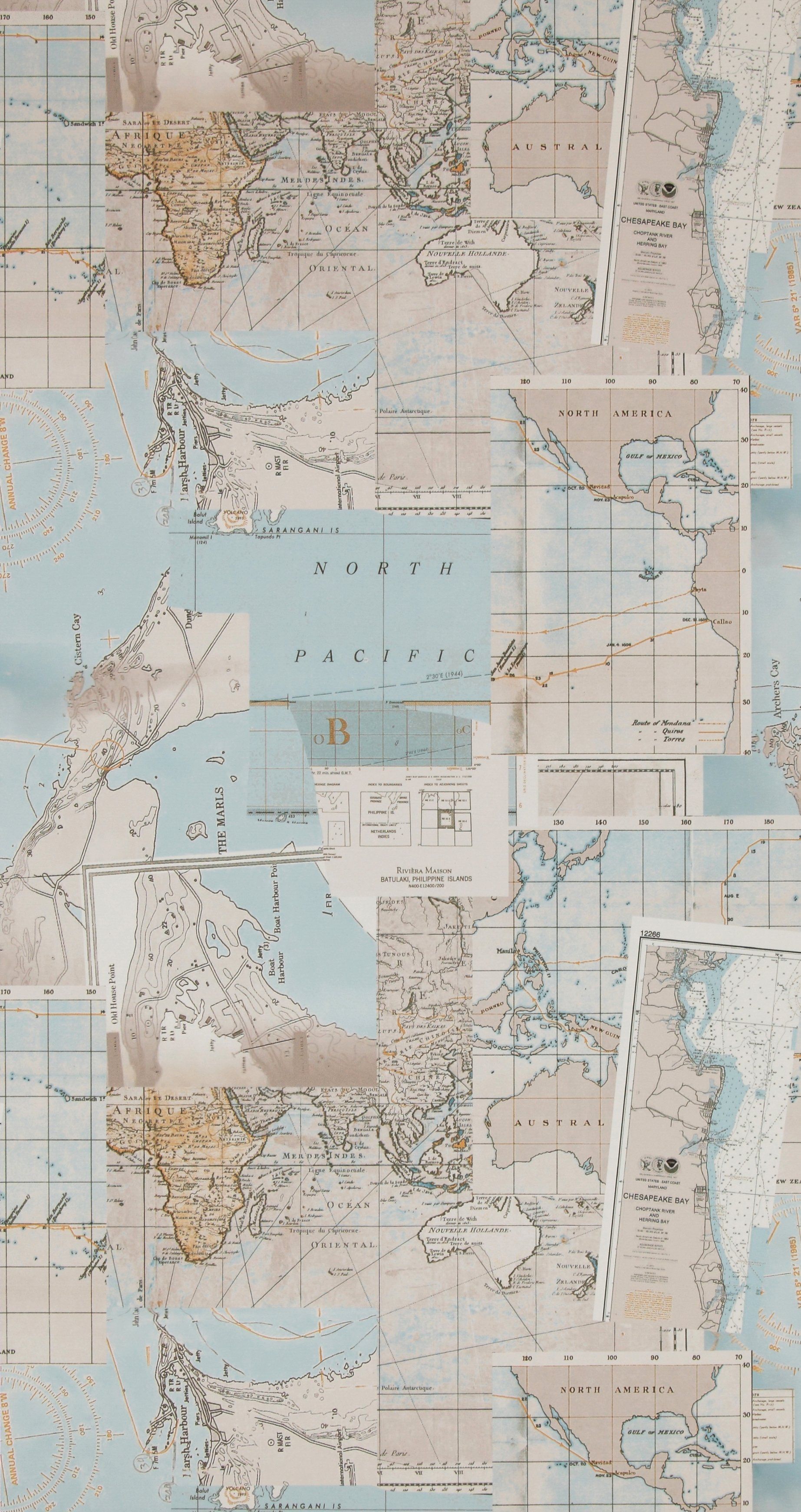Pacific Map is a wallpaper that features a pattern of carefully collaged map fragments that can evnvelope any space with an overall dreamy atmosphere. Enrich your sense of adventure with this collection a perfectly pastel maps that add just the right amount of colour and softness to calmer spaces.
