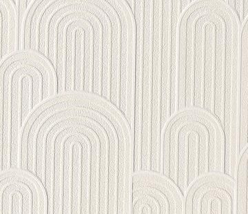 This retro style wallpaper features capsule-shaped ovals that are layered on top of each other to form a landscape reminiscent of hills or mountains. Additional geometric lines embellish the shapes for a more detailed and fun pattern. The blown vinyl makes for a smooth texture while the background lines create a subtle sheen.