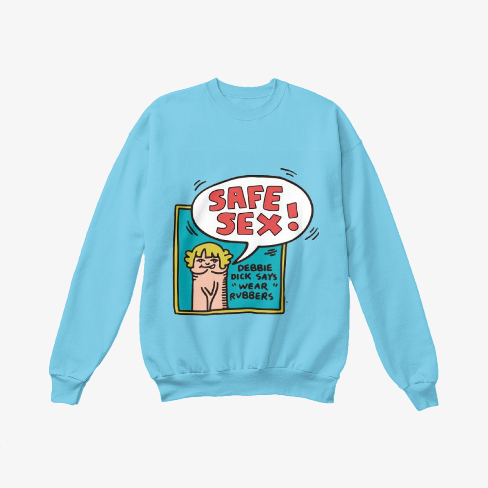 The Safe Sex Crewneck Sweater is from our new collection, a personalized round-neckline pullover jumper that keeps you warm with graphics featuring safe sex from keith haring. ssssplitter Cartoon design text: SAFE SEX! DEBBIE DICK SAYS WEAR RVBBERS , SAFE, SEX!, DEBBIE, DICK, SAYS, WEAR, RVBBERS, key design elements: Cartoon, Font, Art, Illustration, Fictional character, Graphics, Publication, Drawing, Comic book, Animation, relevant keywords: , Clip art, , Cartoon, Product, Art, Brand, Poster,