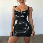 2019 Sexy Backless Club Party Short Dress Solid Black Wet Look Latex Bodycon Faux Leather Push Up Bra Mini Micro Dress Leotard 1022-1 - Black / XL