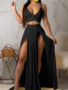 Black Sexy Chiffon Slip Two-piece Set