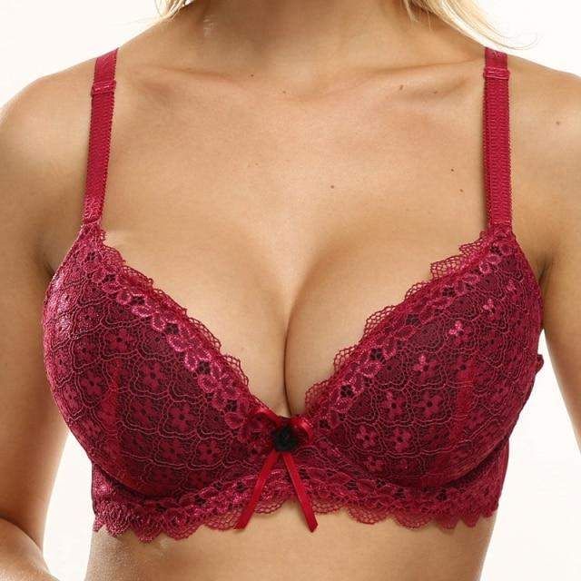 Material: COTTONSupport Type: UnderwireCup Shape: 5/8 CupClosure Type: Back ClosureDecoration: LacePattern Type: FloralStrap Type: Adjusted-strapsCup Shape: 5/8 CupBra Design: Push UpFeature: Push Up,PaddedColor: Black,White,Nude,Purple,Blue,Rose RedSize: 38/85,40/90,42/95,44/100Cup Size: B,C