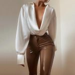Cryptographic Elegant Lantern Sleeve Sexy Draped Bodysuit for Women Tops Slim Rompers Straps Bodysuits Club Party Outfit Clothes - M / white