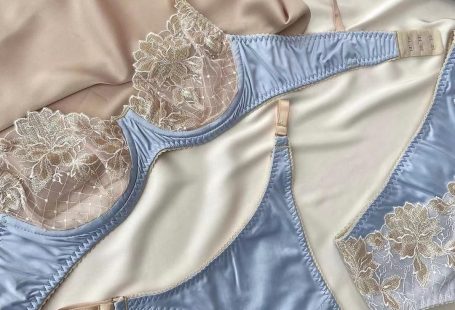 Clelia 3 Pieces Garter Set in Light Blue and Gold Lace Embroidery Bra and Panty with Garters Sexy, Sensual, Exotic Fancy Lingerie Set La Pose Intimates Collection