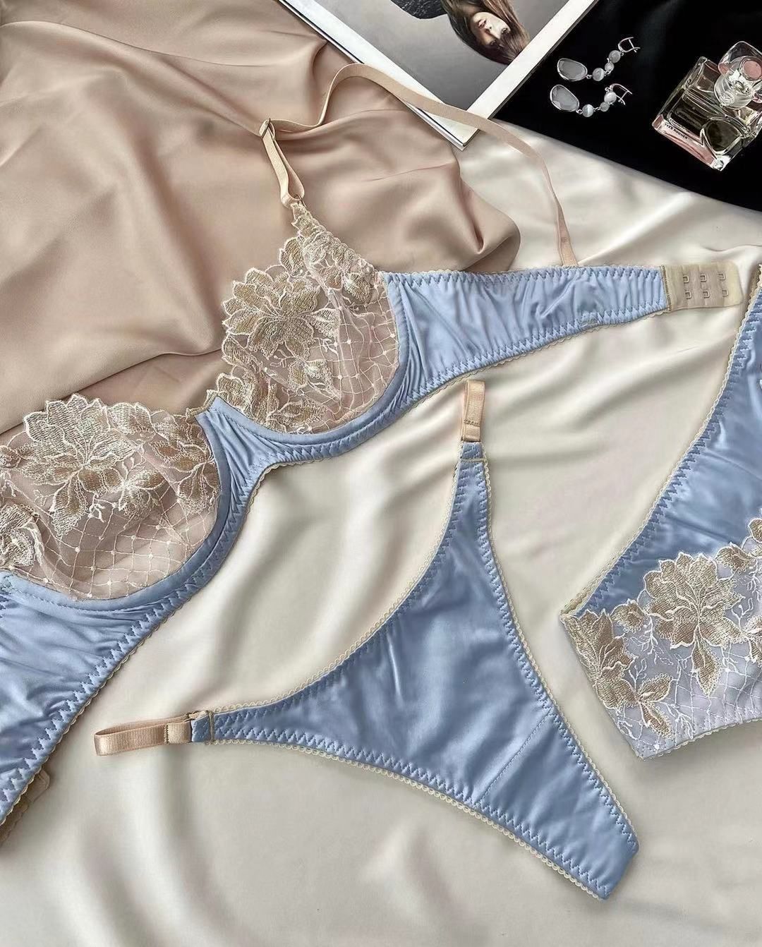 Clelia 3 Pieces Garter Set in Light Blue and Gold Lace Embroidery Bra and Panty with Garters Sexy, Sensual, Exotic Fancy Lingerie Set La Pose Intimates Collection