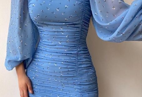 Women's Dresses Square Neck Puff Sleeve Pleated Skinny Chiffon Print Dress - Red L