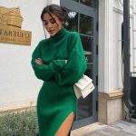High neck loose pullover top split sexy long skirt two-piece set - green / L