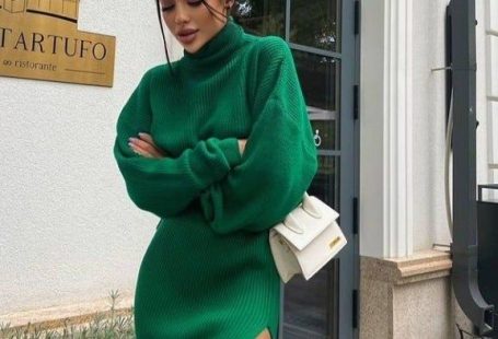 High neck loose pullover top split sexy long skirt two-piece set - green / S