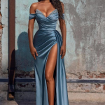 Dusty Blue Off-the-Shoulder Mermaid Prom Dress With Slit PD0471