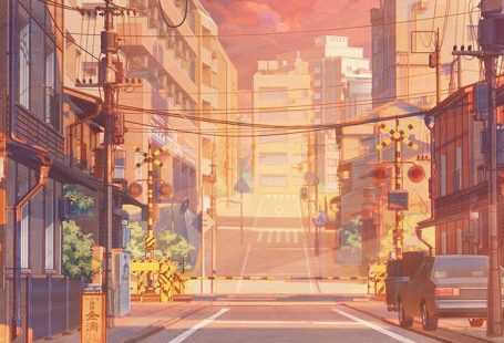 Anime sunset street illustration wallpaper