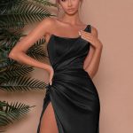 InstaHot Satin Women Cami Long Dress One Shoulder Folds Sleeveless Slit Summer Sexy Elegant Party Club Prom Wedding Clothing New - Champagne, M