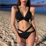 Black beach resort swimsuit, bunched bikini, bandage sexy bikini