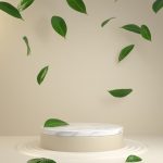 Premium Photo | Natural product podium with beige background and falling green leaves 3d render