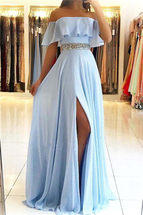 Customizing this 2022 Sky Blue Off The Shoulder Evening Dresses Sexy | Chiffon Side Slit Prom Dress with Crystals Belt on tsclothzone. We offer extra coupons, make in cheap and affordable price. We provide worldwide shipping and will make the dress perfect for everyone.