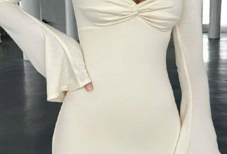 Solid Color, Square Collar, Flared Sleeves, Slim, Sexy, Ass-Covering Dress - Orange / L