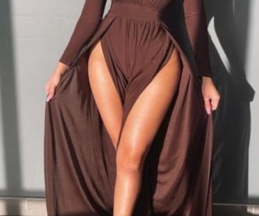 Solid color stretch deep v zip-up back high-slit sexy stylish maxi dress - S