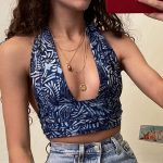 y2kaesthetic 90s Retro Halter Top Y2K Aesthetic Vintage Boob Wrap Crop Top Deep V neck Backless Cami Sexy Women Summer Sleevless Vest Tank - E, S