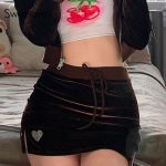 Sweetown Brown Velvet Slim New Mini Skirts Womens Diamond Heart Kawaii Streetwear Split Stretch Low Waist Sexy Girl Skirt Pink - pink / M