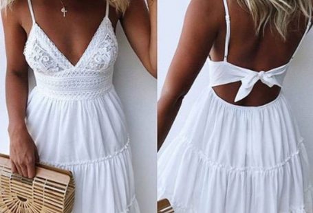 Lovely Summer Sleeveless V-Neck Bow Backless Mini Ruffles Beach Dresses For Women Ladies - B / XL / China