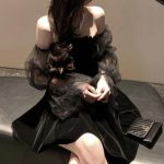 Sexy Dress Vintage Off Shoulder Lanter Sleeve Mesh Patchwork Mini Dress - black / L