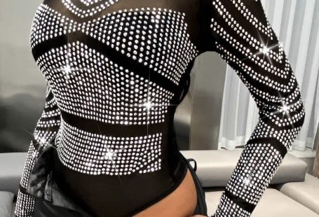 Sexy Glitter Shiny Rhinestone Bodycon Bodysuit - black / M