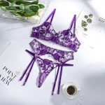 Bra and Panty Set Women Underwear Lace Lingerie 3pcs Open Cup See Through Thong Floral Embroidery Underwear Transparent Bra Set - Orange / M