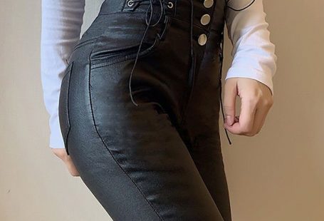 Buttoned Eyelet Lace up Skinny Pants - black / L