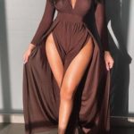 Solid color stretch deep v zip-up back high-slit sexy stylish maxi dress - XL