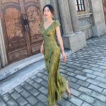 Spearmint V-neck Backless Satin Jacquard Dress Women's Waist-tight Slim And Sexy Long Skirt - Green / L