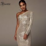 Sexy One Shoulder Sparkle Glitzy Sequins Mesh Patchwork Celebrity Elegant Dress - Gold / S