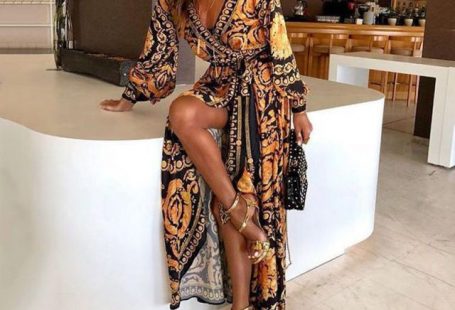 Women's Fashion Elegant Sexy Boat Neck Glitter Deep V Neck Print Party Dress - 1 / L