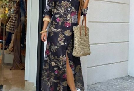 Autumn Long Dress Long Sleeve Shirt Dress Women Denim Long Dresses Pocket Button Shirt Print Dress - Black Flower / 5XL / China