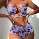 Butterfly Print Ring Linked Push Up Bikini Swimsuit