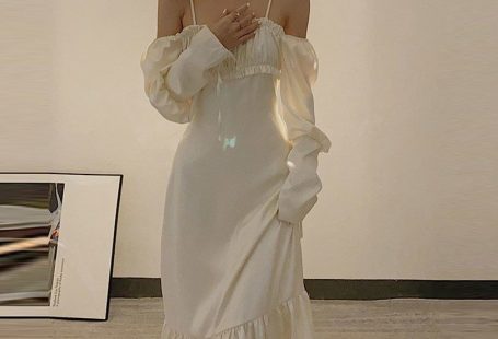 Hnewly 2022 autumn new style retro sweet one-shoulder square neck puff sleeve trumpet dress women sexy Folds white vintage dresses - 1-03 / M
