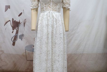 2023Casual elegant slim sexy dress, Dress Sexy Short Sleeve Banquet Princess Dress Lace Dress Mid length White-S