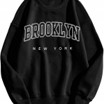 SAFRISIOR Women Oversized Brooklyn New York Letter Print Graphic Fleece Sweatshirt Crewneck Long Sleeve Pullover Jacket