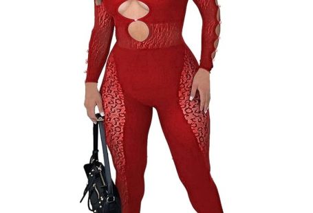 $23.19 Sexy off shoulder jumpsuit for women summer sheer mesh bodycon leopard long sleeve rompers...