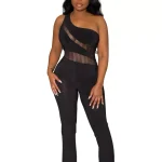 Black Sexy One-Shoulder Mesh Patchwork Jumpsuit
