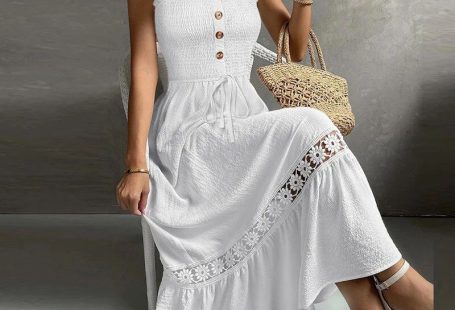 Elegant Solid Color Sleeveless Long Dress Summer Hollow Out Embroidery Tie-up Party Dress New Women Button A-Line Cotton Dresses 01 White-S
