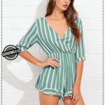 Green Sexy Summer Striped Print Low Cut Half Sleeve Women Playsuit Casual Women Romper Sexy Women Overalls