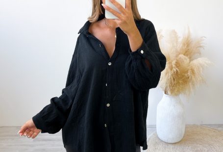Midi Waffle Bluse - Schwarz