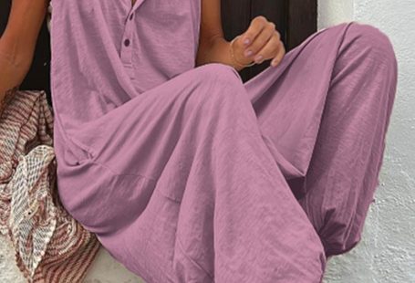 Single-breasted Sleeveless Hooded Jumpsuit - Purple L