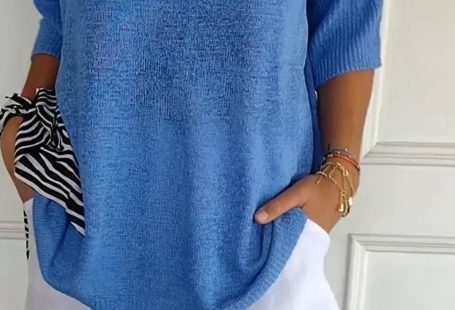 Solid Color Knitted V-neck Top - purple / 5XL(US 22)