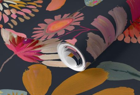 Spoonflower Wallpaper - Black Vintage Neutral Beige Cottage Retro Flowers Rich Colors Romantic Floral Classic Floral Painterly Flowers Autumn Fall