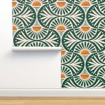 Spoonflower Wallpaper - Leaves Gold Geometric Art Deco Tropical Blue Green Fans Dark Boho Scallops 1920 S Roaring Twenties