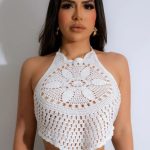 White Strappy Halterneck Crocheted Hollow Vacation Beach Top